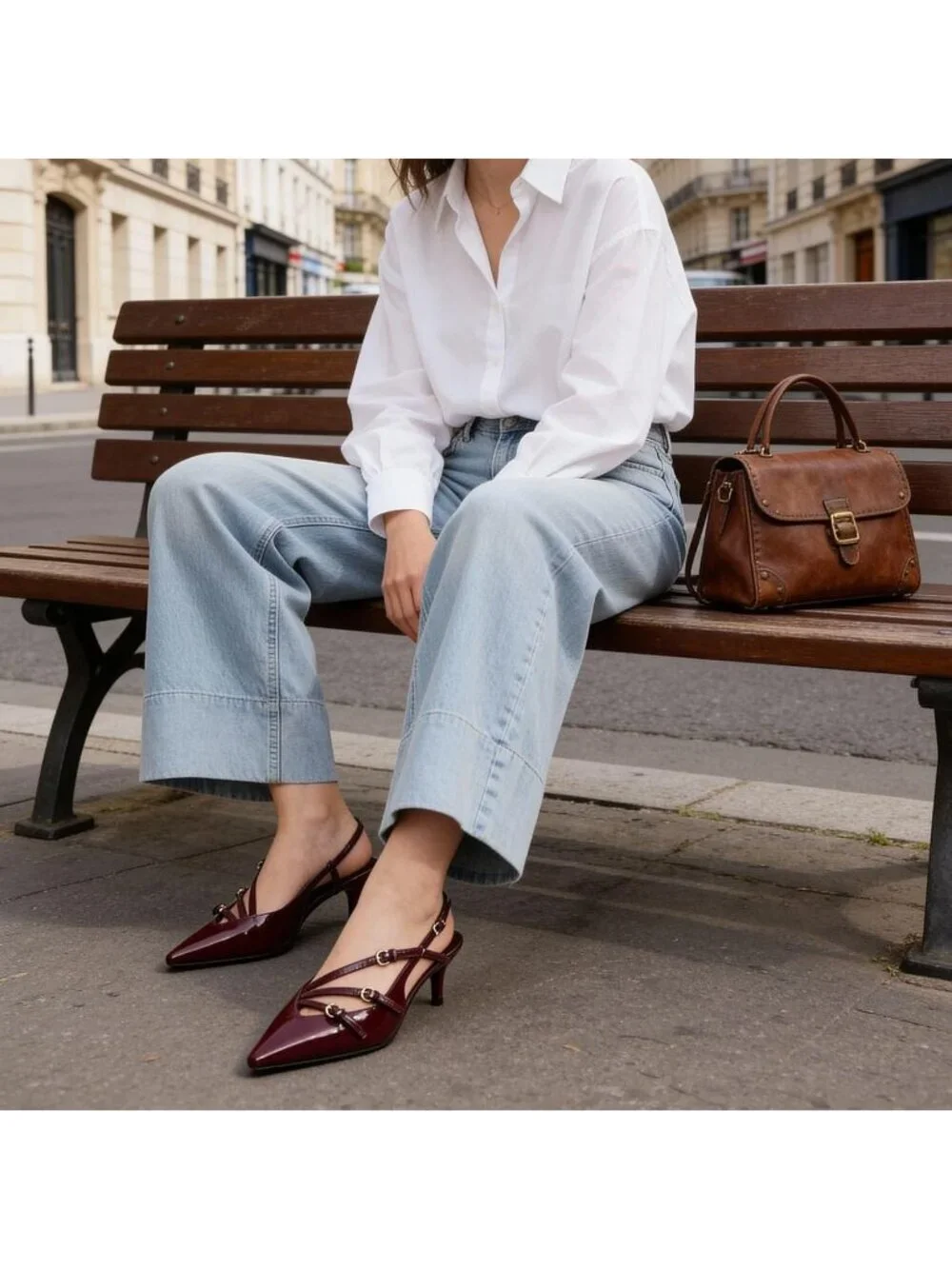 Women's Burgundy Slingback Kitten Pointed Closed Toe Pumps Low Stiletto Heels